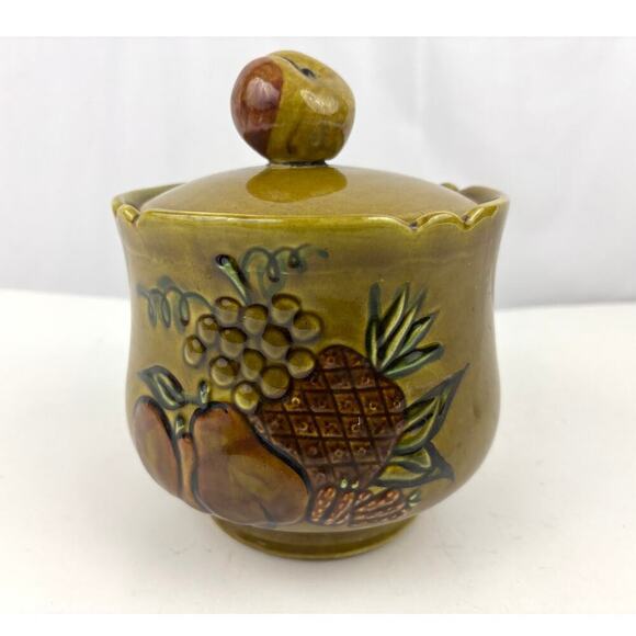 California Pottery Cookie Jar 2004 Mustard Yellow Embossed Fruit VTG Kitchen - Picture 7 of 15
